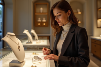 Femme élégante examine un collier de luxe Cece dans une boutique raffinée