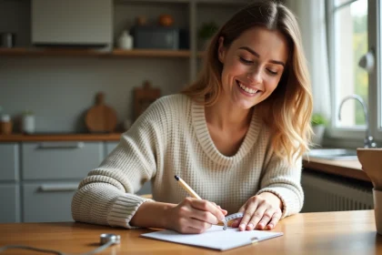Femme mesurant son doigt avec un ruban dans une cuisine lumineuse