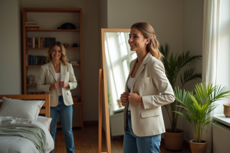Femme souriante ajustant son blazer dans un miroir lumineux