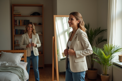 Femme souriante ajustant son blazer dans un miroir lumineux