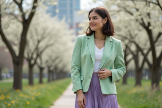 Femme élégante en blazer vert pastel et jupe lavande