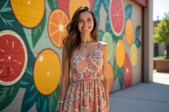 Femme souriante devant mur mural fruit abstrait été
