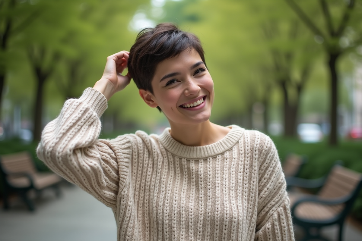 Jeune femme confiante avec coupe pixie dans un parc urbain