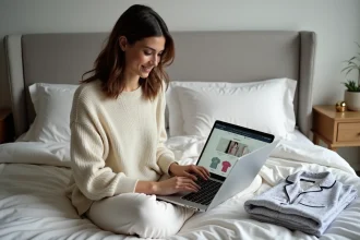 Femme assise sur un lit consultant un site de personnalisation de pyjama sur ordinateur portable avec des échantillons de tissu visibles à l'écran