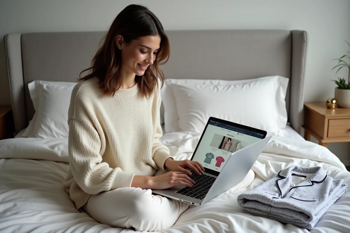 Femme assise sur un lit consultant un site de personnalisation de pyjama sur ordinateur portable avec des échantillons de tissu visibles à l'écran