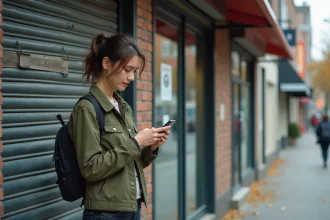Femme devant un point relais Vinted fermé consultant son téléphone avec une expression frustrée