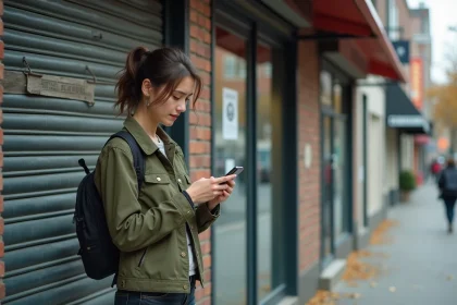 Femme devant un point relais Vinted fermé consultant son téléphone avec une expression frustrée