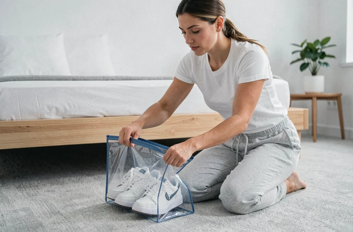 Femme rangeant des baskets dans un sac de rangement chaussures transparent zippé dans une chambre moderne