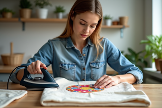Femme repassant un patch coloré sur un tote bag en coton