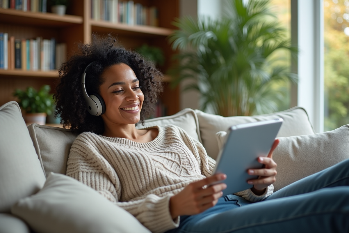 Femme relaxant avec ecouteurs dans un salon cosy