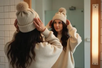 Jeune femme retirant son bonnet en laine devant un miroir de salle de bain pour préserver ses cheveux ondulés