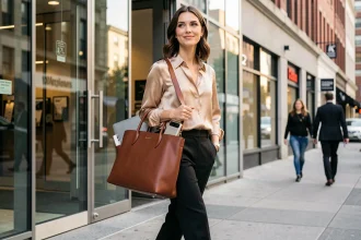 Femme professionnelle quittant le bureau avec un sac en cuir cognac polyvalent bureau-afterwork