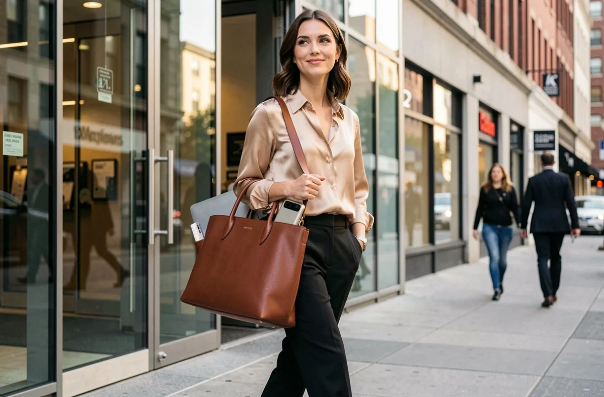 Femme professionnelle quittant le bureau avec un sac en cuir cognac polyvalent bureau-afterwork