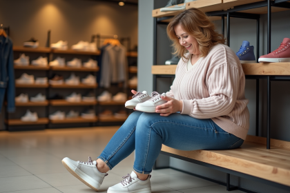 Femme ronde assise dans un magasin de chaussures en train d'examiner des baskets de soutien