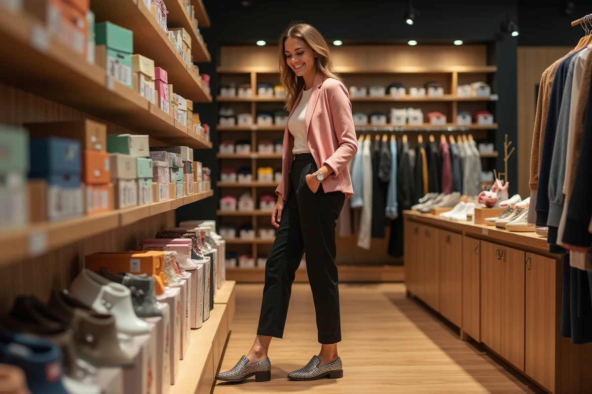 Femme souriante essayant des chaussures colorées lors d'un événement de chaussures