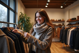 Femme souriante dans une boutique de mode hiver