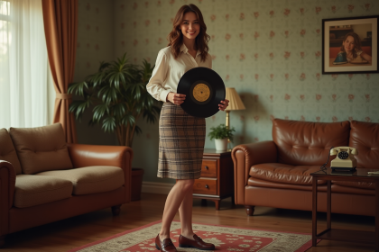 Femme vintage avec vinyle dans un salon rétro