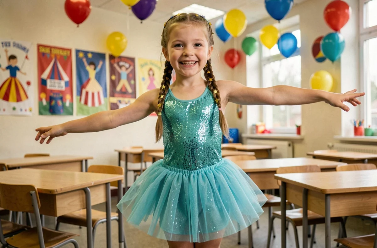 Petite fille déguisée en acrobate de cirque dans une salle de classe décorée pour le carnaval