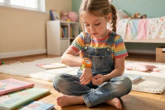 Fillette de 8 ans qui regarde une montre AM-PM colorée sur son poignet dans une chambre d'enfant chaleureuse