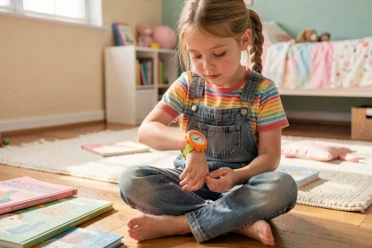 Fillette de 8 ans qui regarde une montre AM-PM colorée sur son poignet dans une chambre d'enfant chaleureuse