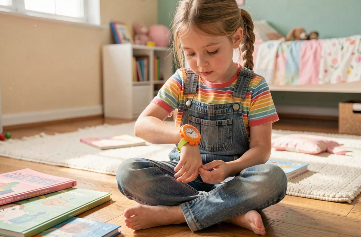 Fillette de 8 ans qui regarde une montre AM-PM colorée sur son poignet dans une chambre d'enfant chaleureuse