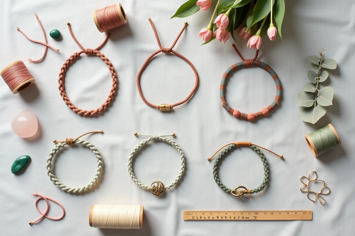 Flat lay de bracelets cordon faits main avec outils de personnalisation et pierres semi-précieuses