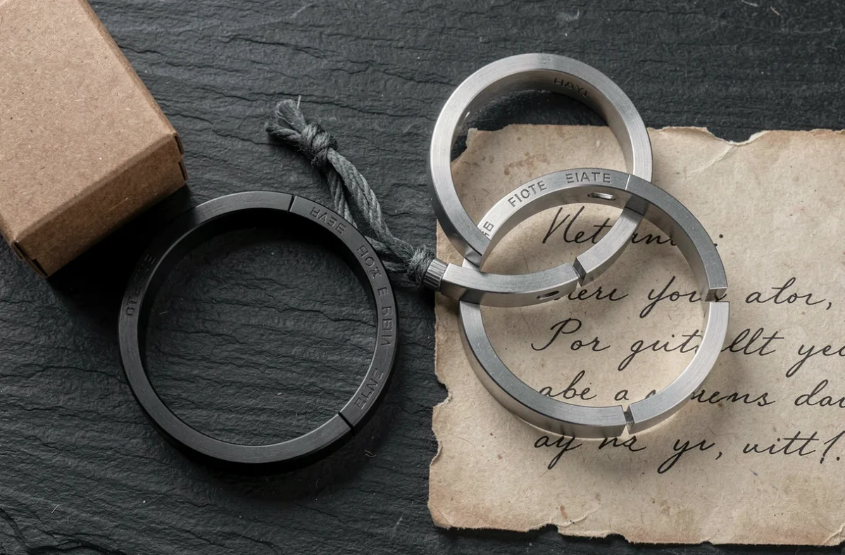 Flat lay de deux bracelets homme gravés en acier, boîte cadeau et message manuscrit sur ardoise