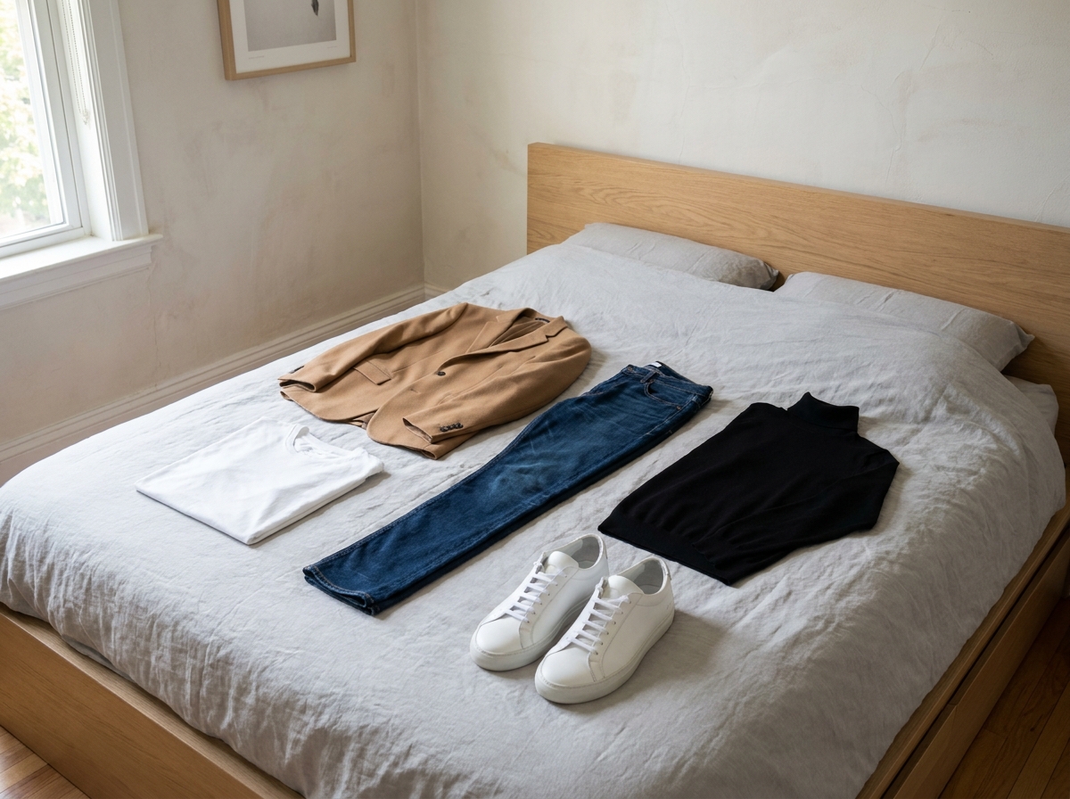 Flat lay de vêtements basiques intemporels sur un lit en lin gris : blazer camel, jean, t-shirt blanc et sneakers