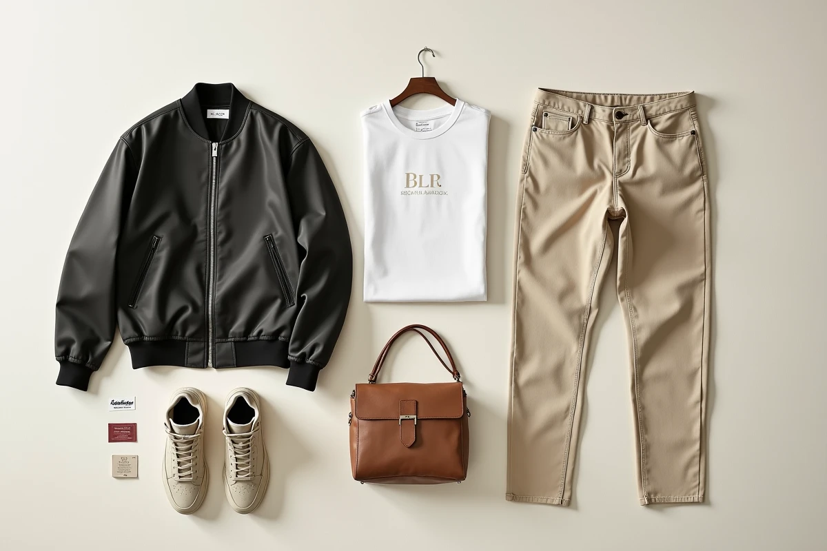 Flat lay de vêtements streetwear premium disposés sur fond lin, incluant bomber, tee-shirt et sneakers haut de gamme