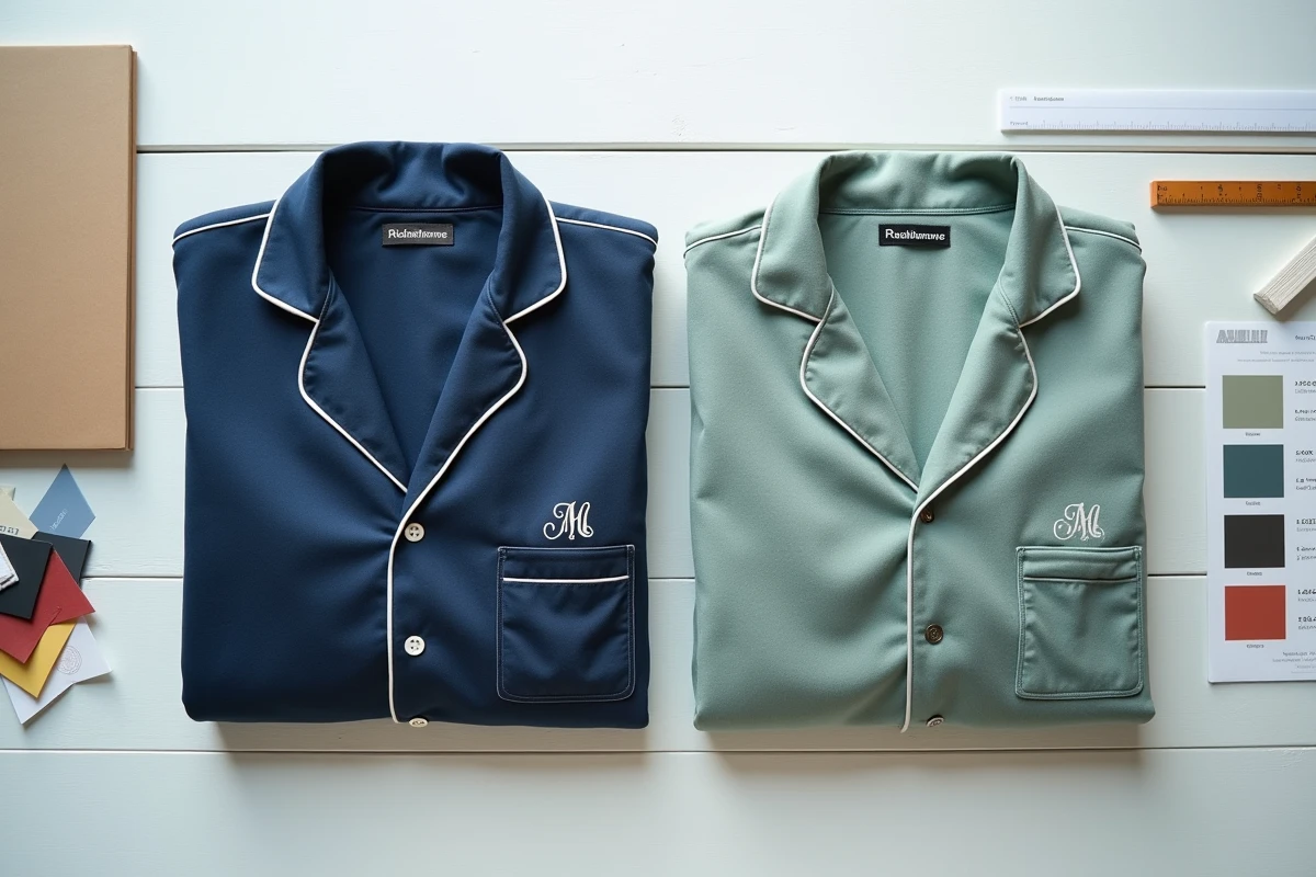 Flatlay de deux pyjamas personnalisés côte à côte avec monogramme brodé et étiquette imprimée, accompagnés d'un carnet de teintes et d'une liste de critères de commande