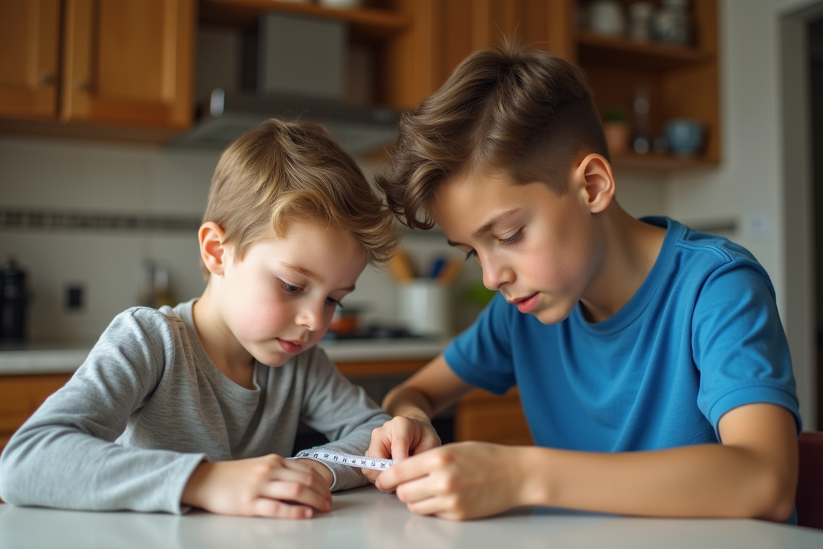 Adolescent aidant un jeune enfant à mesurer la tête à la cuisine