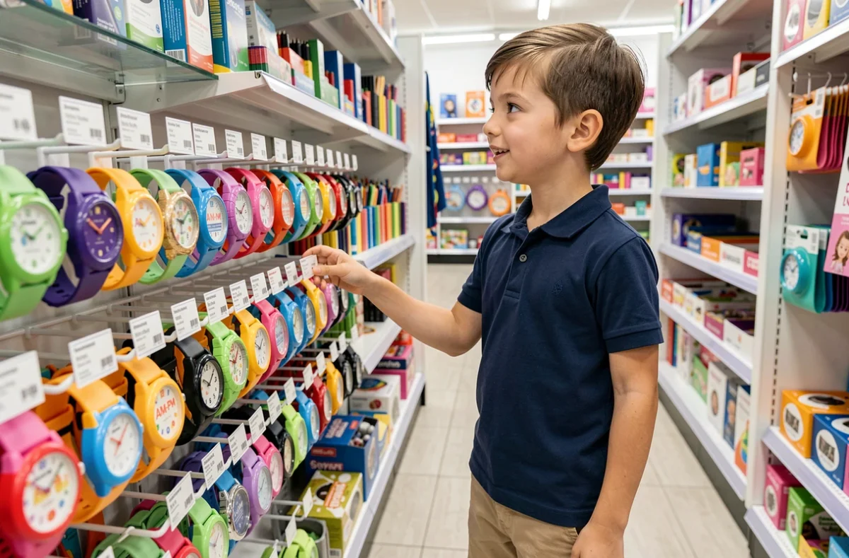 Garçon de 10 ans qui choisit une montre AM-PM pour enfant dans un magasin d'accessoires scolaires