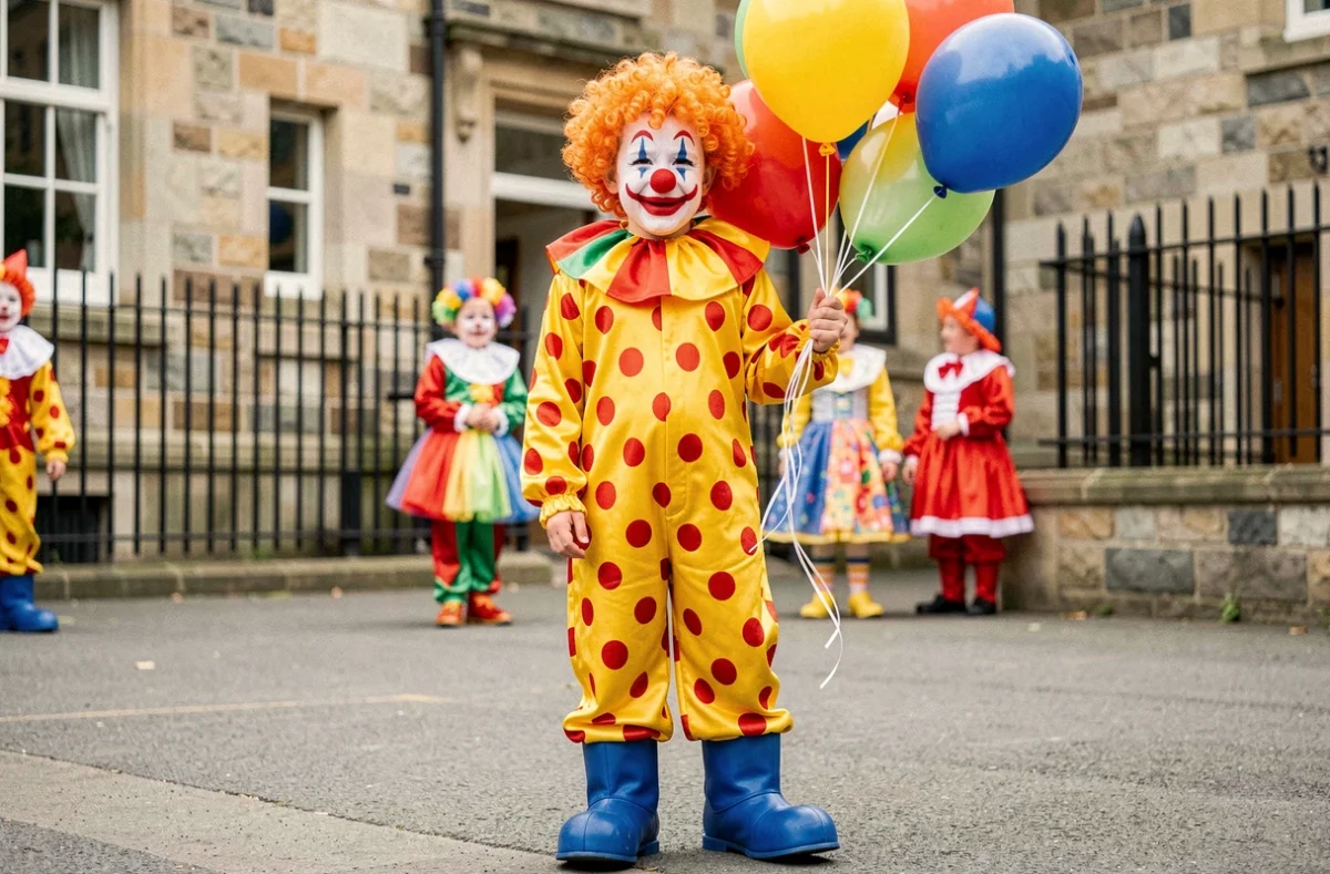 Garçon déguisé en clown de cirque avec ballons colorés dans la cour d'une école pendant le carnaval