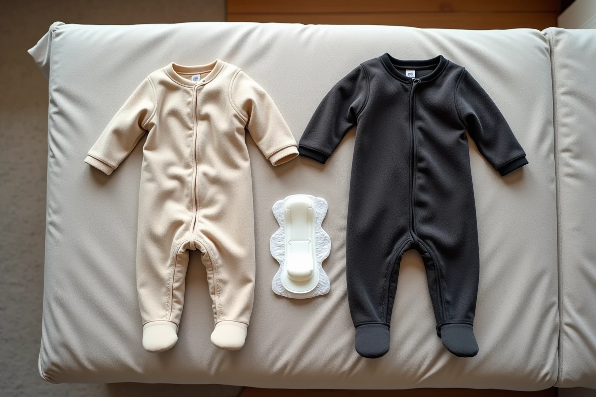 Vue à plat de deux pyjamas grenouillères adultes adaptées à l'incontinence, en coton beige et polaire anthracite, sur surface en lin