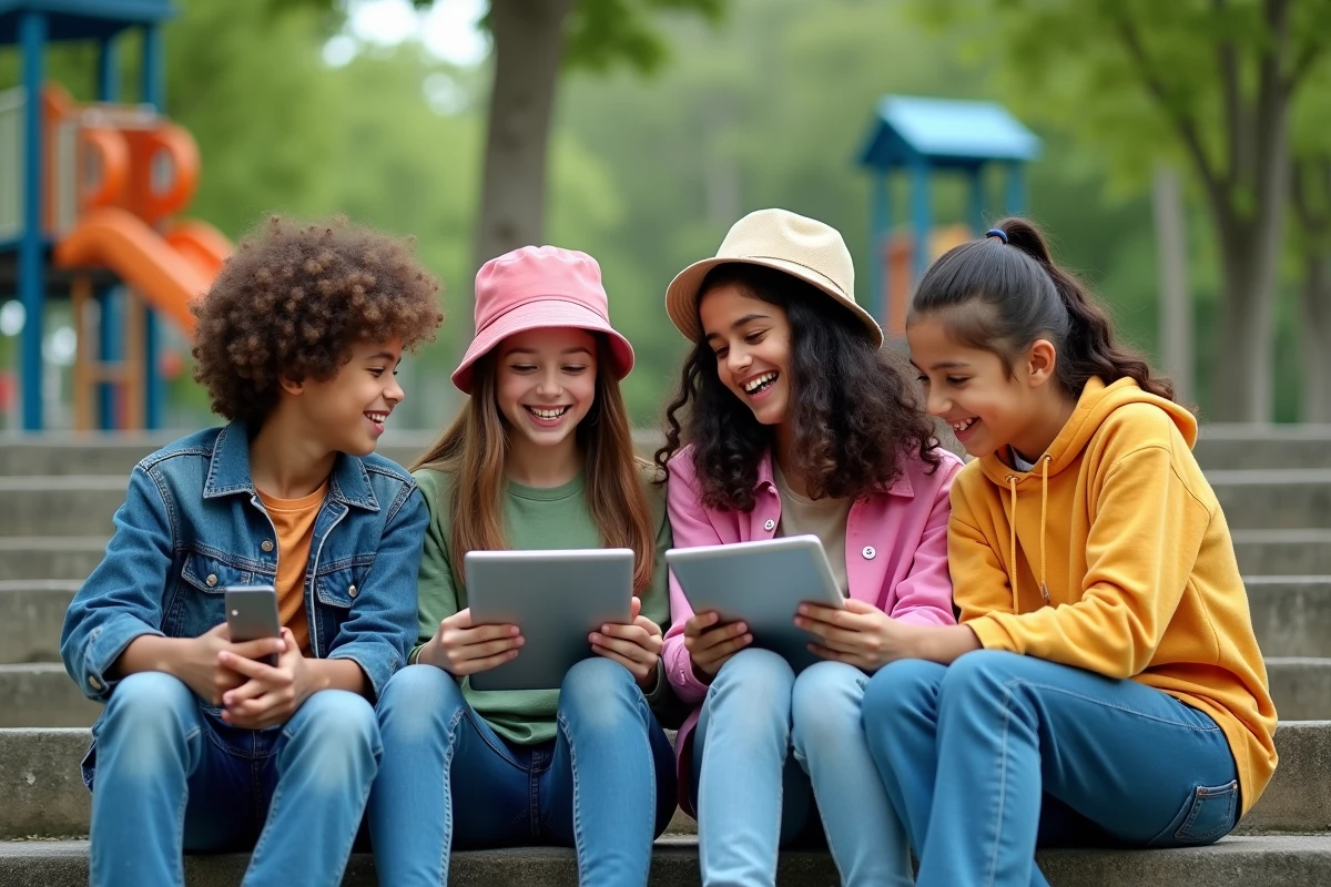 Groupe dados divers assis sur les escaliers du parc