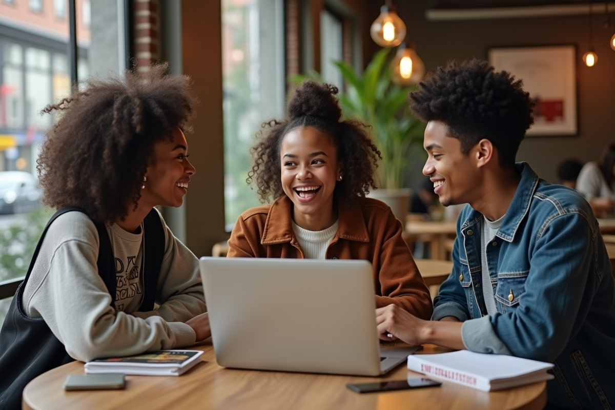 Groupe d amis discutant dans un café urbain dynamique
