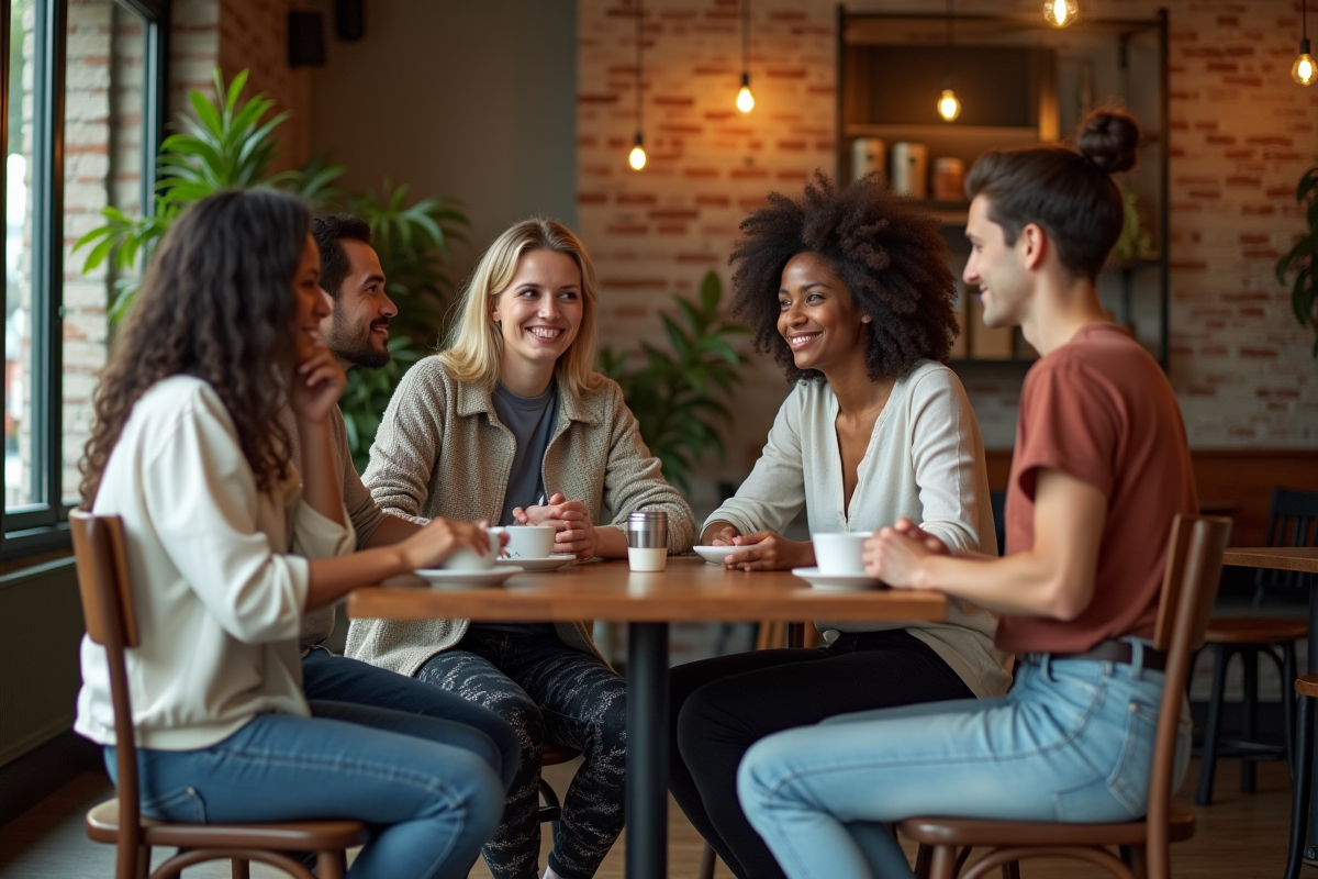 Groupe d amis en leggings dans un café chaleureux