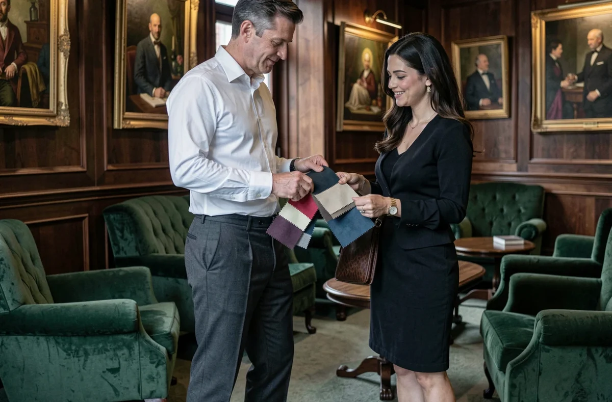 Homme d'affaires en pantalon sur mesure consultant un styliste dans un club privé londonien