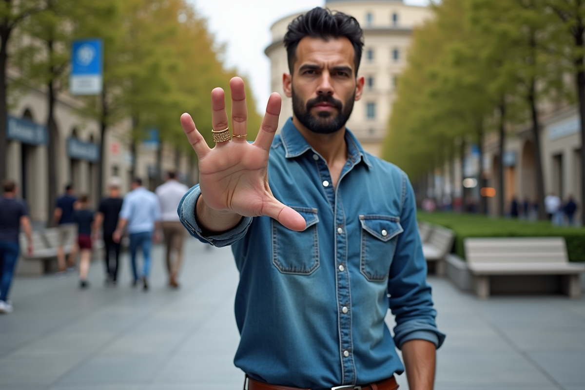 Homme montrant un anneau en or dans une place urbaine animée