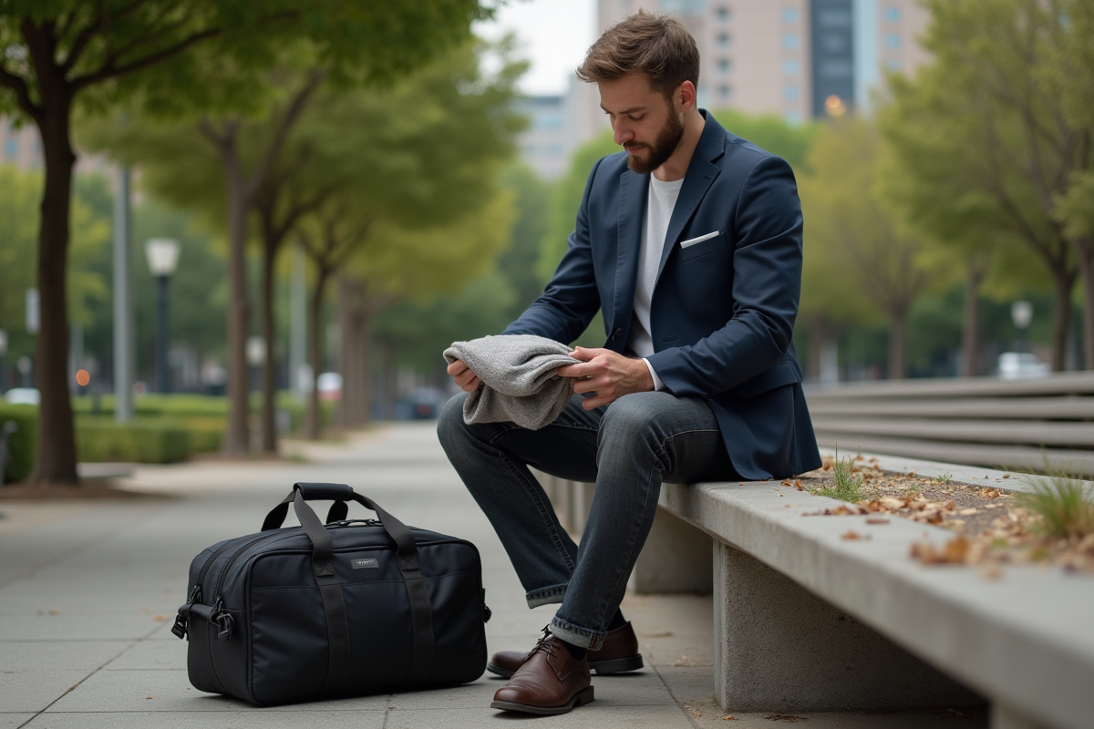 Jeune homme préparant une tenue capsule dans un parc urbain