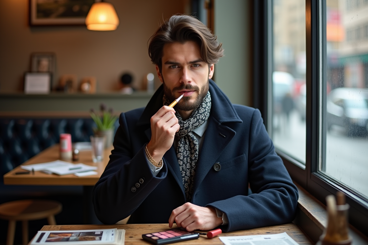 Homme en manteau et foulard appliquant du lipstick dans un café