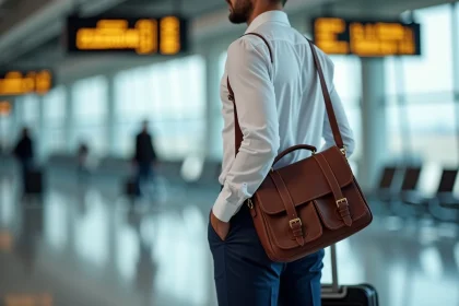 Homme en chemise blanche portant une besace en cuir cognac dans un terminal d'aéroport moderne