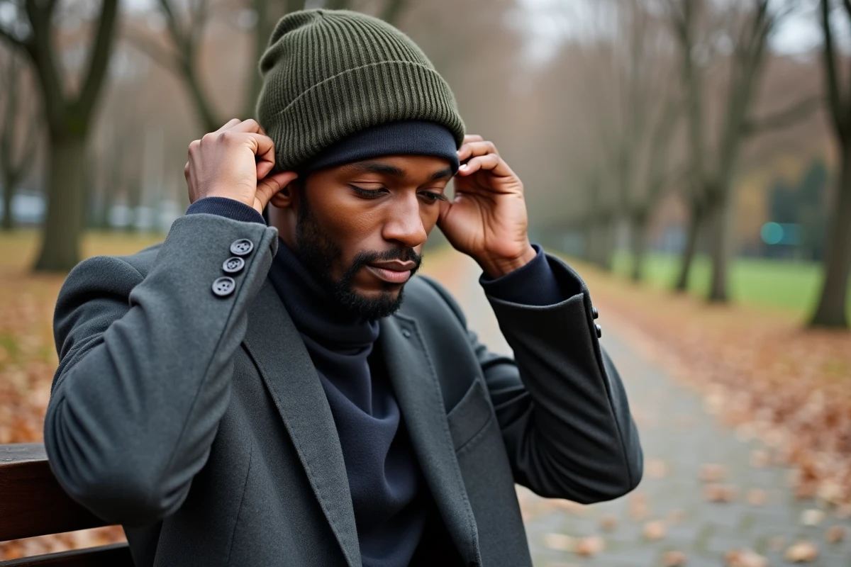Homme portant un bonnet par-dessus un bonnet satiné pour protéger ses cheveux texturés en automne