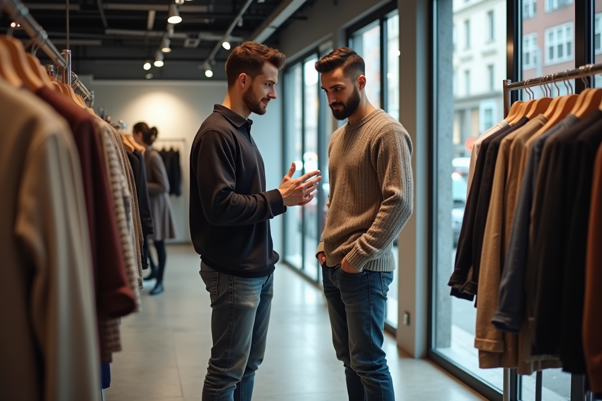Jeune homme en boutique de mode discutant avec un ami