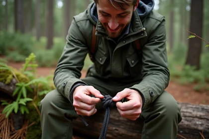 Jeune homme en for&ecirc;t nouant un bracelet paracord
