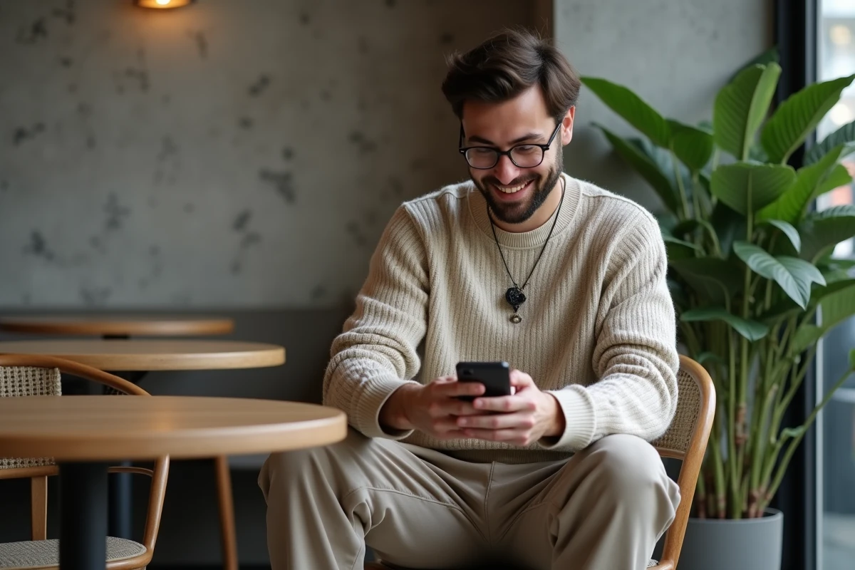 Jeune homme souriant dans un cafe moderne et cosy