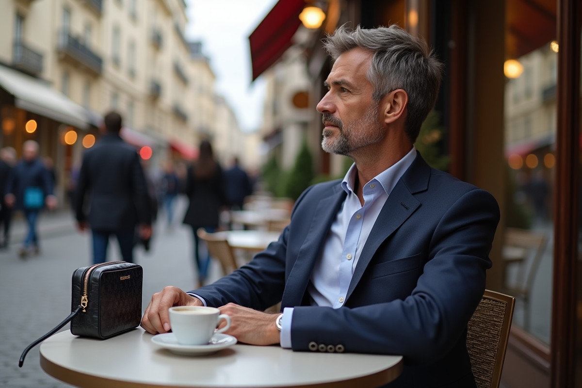 Homme assis au café avec sac de designer sur la table