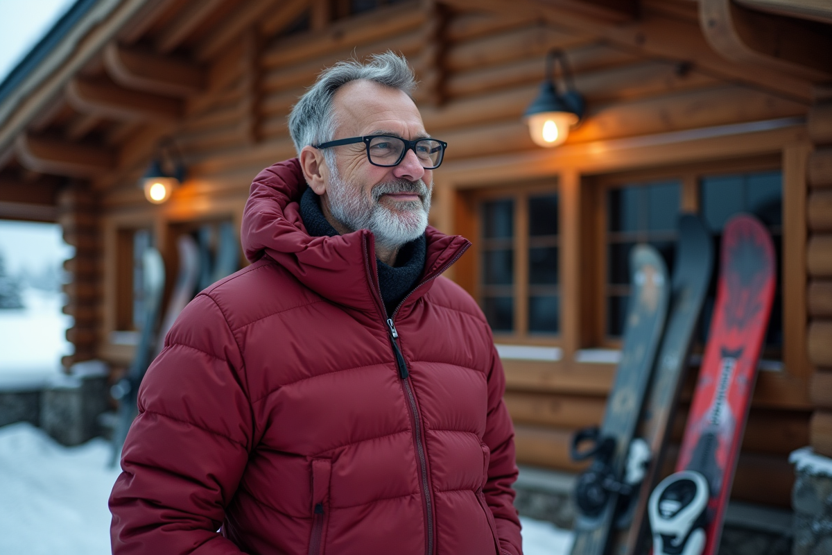 Homme en veste ski rouge devant chalet alpin