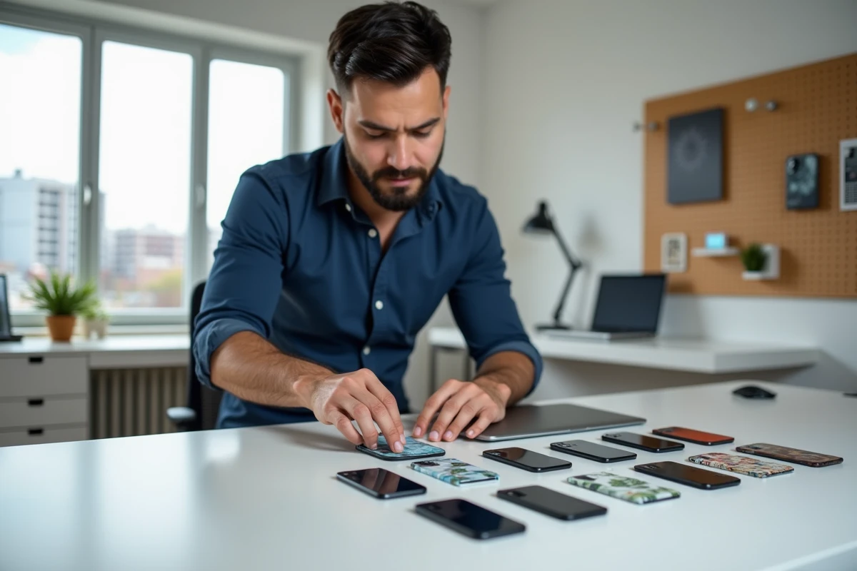 Homme choisissant parmi plusieurs coques téléphone originales sur un bureau moderne