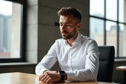 Homme en bureau moderne v&eacute;rifiant sa montre &eacute;l&eacute;gante